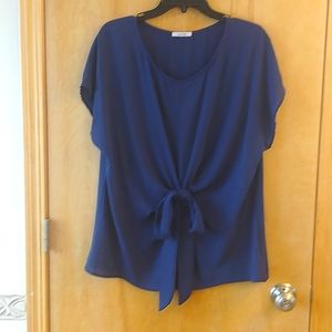 Large short sleeve navy blouse with tie in front